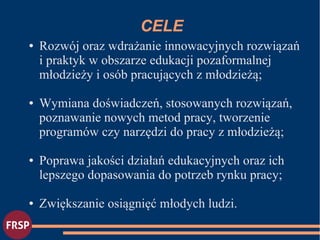 CELE
● Rozwój oraz wdrażanie innowacyjnych rozwiązań
i praktyk w obszarze edukacji pozaformalnej
młodzieży i osób pracując...