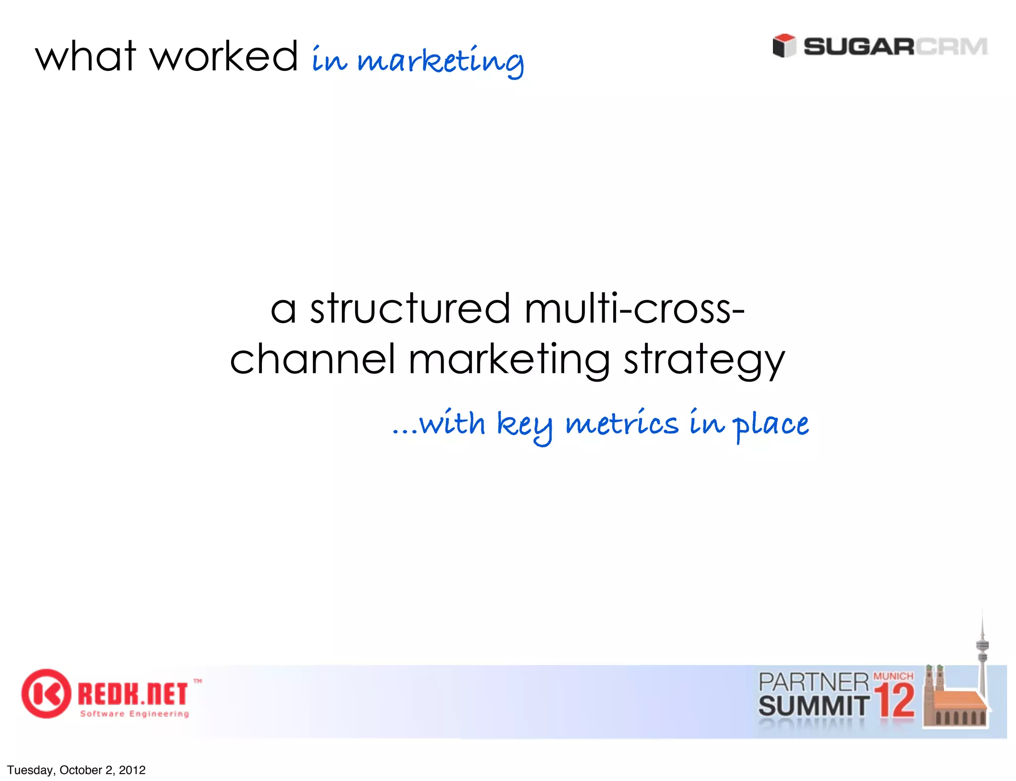 what worked in marketing




                             a structured multi-cross-
                           channel marketing strategy
                                  ...with key metrics in place




Tuesday, October 2, 2012
 