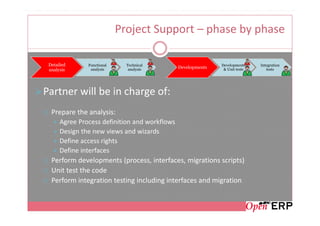 Project Support – phase by phase

 Detailed      Functional     Technical                       Developments    Integration
                analysis       analysis        Developments    & Unit tests      tests
 analysis




Partner will be in charge of:
  Prepare the analysis:
      Agree Process definition and workflows
      Design the new views and wizards
      Define access rights
      Define interfaces
  Perform developments (process, interfaces, migrations scripts)
  Unit test the code
  Perform integration testing including interfaces and migration
 