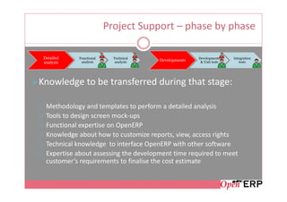 Project Support – phase by phase

 Detailed   Functional     Technical                  Developments    Integration
             analysis       analysis   Developments    & Unit tests      tests
 analysis




Knowledge to be transferred during that stage:

  Methodology and templates to perform a detailed analysis
  Tools to design screen mock-ups
  Functional expertise on OpenERP
  Knowledge about how to customize reports, view, access rights
  Technical knowledge to interface OpenERP with other software
  Expertise about assessing the development time required to meet
  customer’s requirements to finalise the cost estimate
 