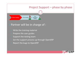 Project Support – phase by phase

                                      User
Client testing   User training     Acceptance
                                     testing




Partner will be in charge of :
 Write the training material
 Prepare the user guides
 Support the testing team
 Set the support process up through OpenERP
 Report the bugs to OpenERP
 