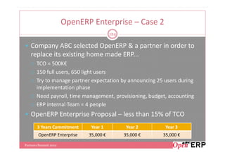 OpenERP Enterprise – Case 2
                                         124

   Company ABC selected OpenERP & a partner in order to
   replace its existing home made ERP...
       TCO = 500K€
       150 full users, 650 light users
       Try to manage partner expectation by announcing 25 users during
       implementation phase
       Need payroll, time management, provisioning, budget, accounting
       ERP internal Team = 4 people
   OpenERP Enterprise Proposal – less than 15% of TCO
       3 Years Commitment      Year 1           Year 2     Year 3
        OpenERP Enterprise    35,000 €         35,000 €   35,000 €

Partners Summit 2012
 