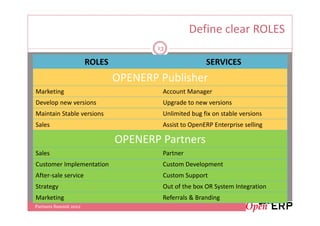 Define clear ROLES
                                       13

                       ROLES                           SERVICES
                               OPENERP Publisher
Marketing                               Account Manager
Develop new versions                    Upgrade to new versions
Maintain Stable versions                Unlimited bug fix on stable versions
Sales                                   Assist to OpenERP Enterprise selling

                               OPENERP Partners
Sales                                   Partner
Customer Implementation                 Custom Development
After-sale service                      Custom Support
Strategy                                Out of the box OR System Integration
Marketing                               Referrals & Branding
Partners Summit 2012
 