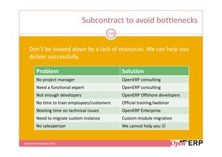Subcontract to avoid bottlenecks
                                          136


   Don’t be slowed down by a lack of resources. We can help you
   deliver successfully.

       Problem                                  Solution
       No project manager                       OpenERP consulting
       Need a functional expert                 OpenERP consulting
       Not enough developers                    OpenERP Offshore developers
       No time to train employees/customers     Official training/webinar
       Wasting time on technical issues         OpenERP Enterprise
       Need to migrate custom instance          Custom module migration
       No salesperson                           We cannot help you ☺


Partners Summit 2012
 