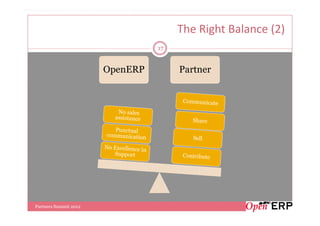 The Right Balance (2)
                                 17


                       OpenERP        Partner




Partners Summit 2012
 