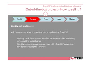 OpenERP Implementation Assistance sales cycle
                 Out-of-the-box project - How to sell it ?

      Qualif          Demo         Prop           Nego           Closing


Identify potential issues :

Ask the customer what is refraining him from choosing OpenERP.

      -nothing ? Ask the customer whether he wants an offer reminding
      him about the budget range
      -identify customer processes not covered in OpenERP preventing
      him from deploying the software
 