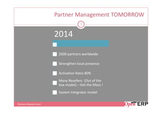 Partner Management TOMORROW
                                     7


                       2014

                        2000 partners worldwide

                        Strengthen local presence

                        Activation Ratio 80%
                        Many Resellers (Out of the
                        box model) – Get the Mass !
                        System Integrator model

Partners Summit 2012
 
