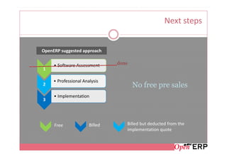 Next steps


OpenERP suggested approach


     • Software Assessment      done
1

     • Professional Analysis
2                                      No free pre sales
     • Implementation
3




     Free              Billed      Billed but deducted from the
                                   implementation quote
 