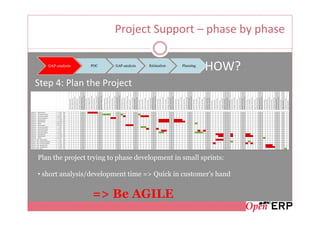 Project Support – phase by phase

   GAP-analysis   POC    GAP-analysis   Estimation   Planning
                                                                HOW?
Step 4: Plan the Project




Plan the project trying to phase development in small sprints:

• short analysis/development time => Quick in customer’s hand


                  => Be AGILE
 