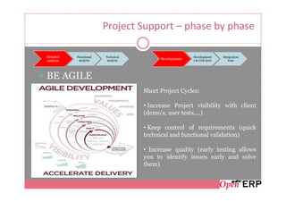 Project Support – phase by phase

Detailed   Functional   Technical                        Development      Integration
            analysis     analysis
                                          Developments   s & Unit tests      tests
analysis




BE AGILE
                                    Short Project Cycles:

                                    • Increase Project visibility with client
                                    (demo’s, user tests,...)

                                    • Keep control of requirements (quick
                                    technical and functional validation)

                                    • Increase quality (early testing allows
                                    you to identify issues early and solve
                                    them)
 