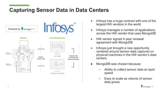 1
Capturing Sensor Data in Data Centers
● Infosys has a huge contract with one of the
largest HW vendors in the world
● Infosys manages a number of applications
across the HW vendor that uses MongoDB
● HW vendor signed 4 year renewal
agreement with MongoDB
● Infosys just brought a new opportunity
centered around sensor data captured on
physical machines in the HW vendor’s data
centers
● MongoDB was chosen because:
– Ability to collect sensor data at rapid
speed
– Easy to scale as volume of sensor
data grows
 