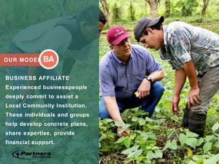 OUR MODEL
BUSINESS AFFILIATE
Experienced businesspeople
deeply commit to assist a
Local Community Institution.
These individuals and groups
help develop concrete plans,
share expertise, provide
financial support.
 