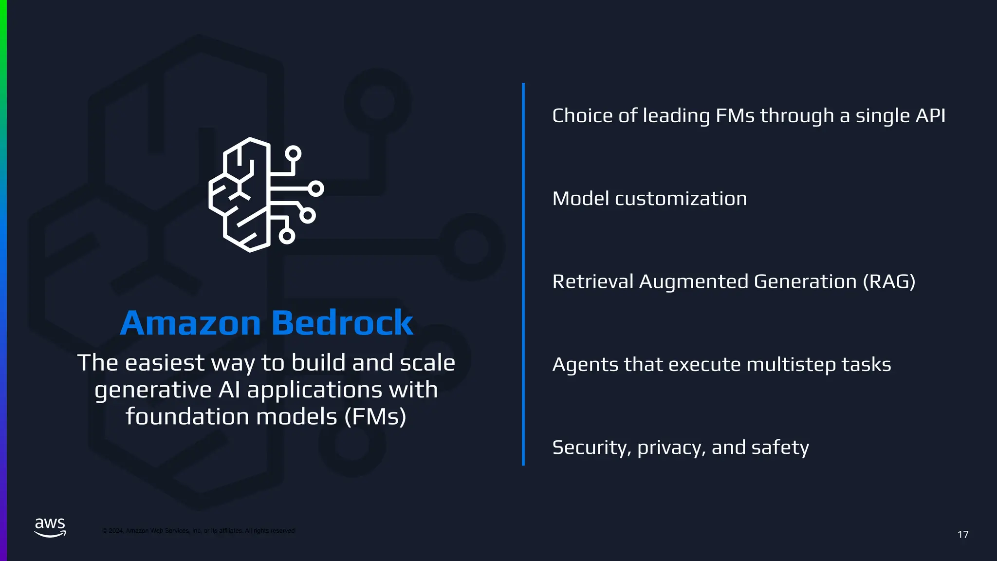 © 2024, Amazon Web Services, Inc. or its affiliates. All rights reserved
17
Amazon Bedrock
The easiest way to build and scale
generative AI applications with
foundation models (FMs)
Choice of leading FMs through a single API
Model customization
Retrieval Augmented Generation (RAG)
Agents that execute multistep tasks
Security, privacy, and safety
 