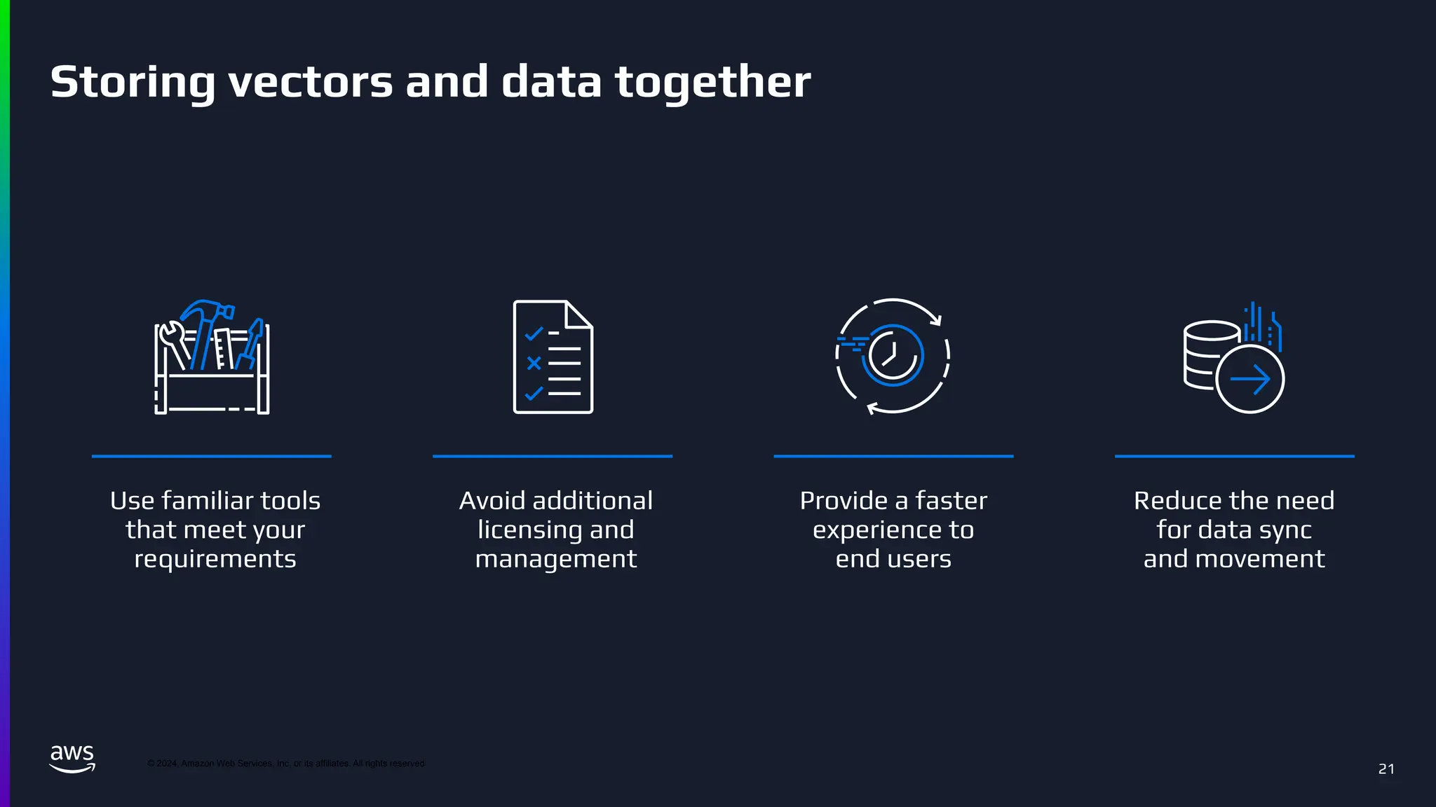 © 2024, Amazon Web Services, Inc. or its affiliates. All rights reserved
21
Storing vectors and data together
Avoid additional
licensing and
management
Provide a faster
experience to
end users
Reduce the need
for data sync
and movement
Use familiar tools
that meet your
requirements
 