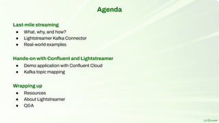 Last-mile streaming
● What, why, and how?
● Lightstreamer Kafka Connector
● Real-world examples
Hands-on with Conﬂuent and Lightstreamer
● Demo application with Conﬂuent Cloud
● Kafka topic mapping
Wrapping up
● Resources
● About Lightstreamer
● Q&A
Agenda
 