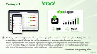 Example 1
For its reputation in the ﬁnancial industry, choosing Lightstreamer was a no-brainer for us. As Lightstreamer
is pivotal in our overall offering, the Lightstreamer support team was a key factor in our success.
We use Lightstreamer for cross platform, high speed messaging, including rates and operational messages. All our
server-to-client high-frequency message streams are handled by Lightstreamer. The most obvious example is all
price ticks, which is one of the biggest challenges for every trading application.
- Israel Kalush, VP Engineering, eToro
 
