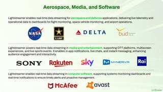 Aerospace, Media, and Software
Lightstreamer enables real-time data streaming for aerospace and defense applications, delivering live telemetry and
operational data to dashboards for ﬂight monitoring, space vehicle monitoring, and airport operations.
Lightstreamer powers real-time data streaming in media and entertainment, supporting OTT platforms, multiscreen
experiences, and live sports events. It enables in-app notiﬁcations, live chats, and instant messaging, enhancing
audience engagement and interactivity.
Lightstreamer enables real-time data streaming in computer software, supporting systems monitoring dashboards and
real-time notiﬁcations to ensure timely alerts and proactive management.
 