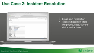 Use Case 2: Incident Resolution
• Email alert notification
• Triggers based on filters
like priority, sites, current
status and actions
 
