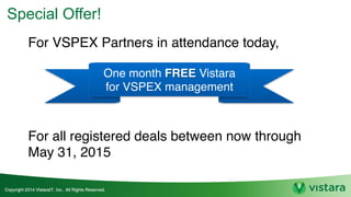 Special Offer!
One month FREE Vistara
for VSPEX management
For VSPEX Partners in attendance today,
For all registered deals between now through
May 31, 2015
 