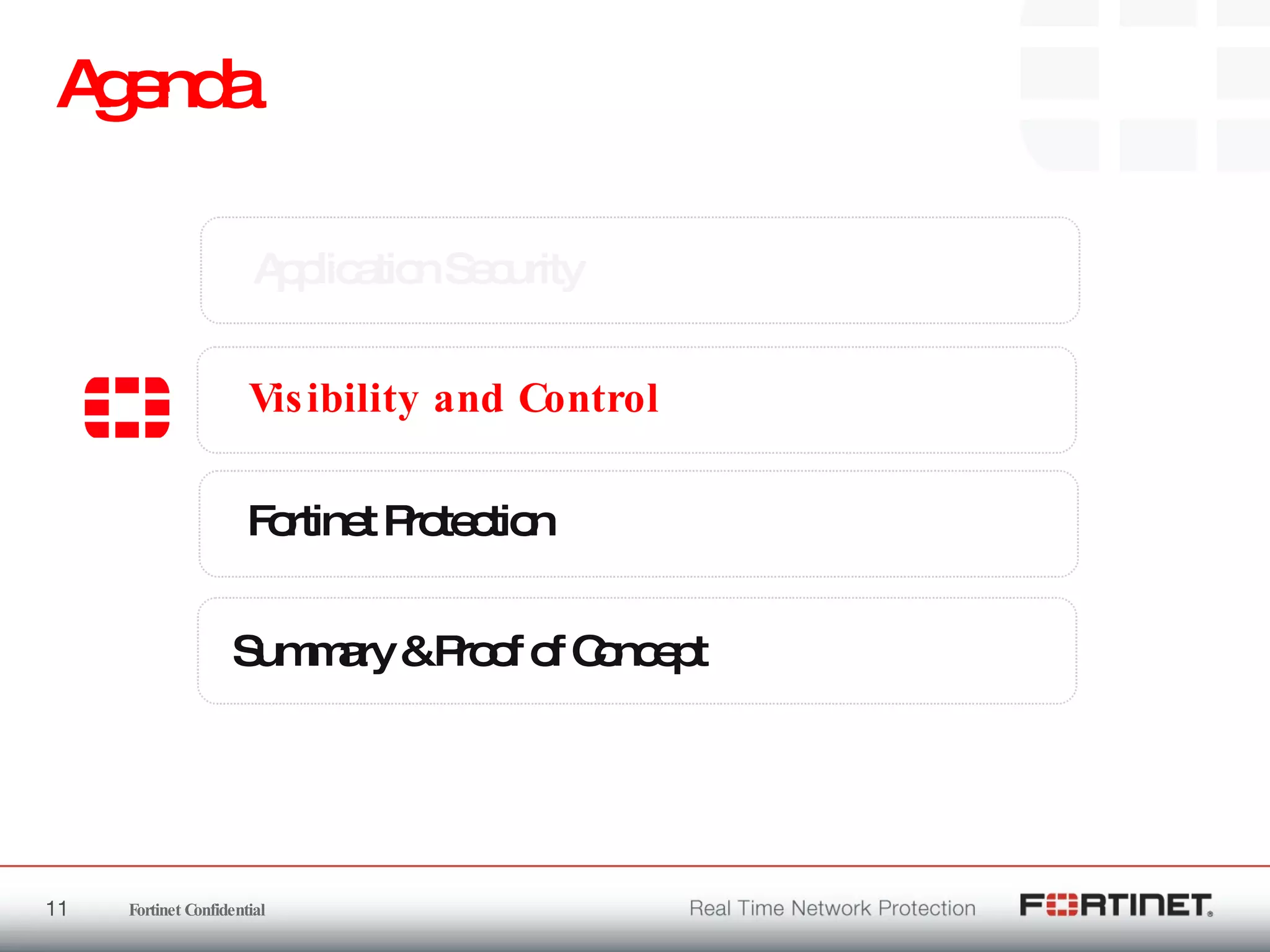 Agenda Application Security Fortinet Protection Visibility  and Control Summary & Proof of Concept 