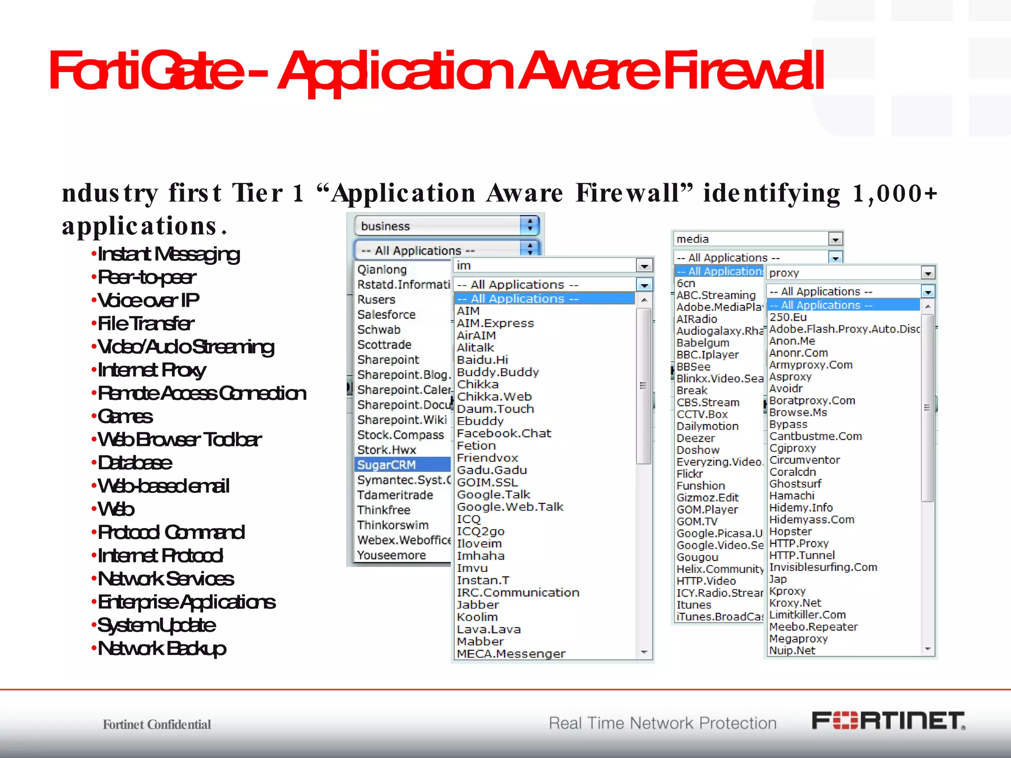 FortiGate - Application Aware Firewall Industry first Tier 1 “Application Aware Firewall” identifying 1,000+ applications. Instant Messaging Peer-to-peer Voice over IP File Transfer  Video/Audio Streaming Internet Proxy Remote Access Connection Games Web Browser Toolbar Database Web-based email Web Protocol Command Internet Protocol Network Services Enterprise Applications System Update Network Backup 