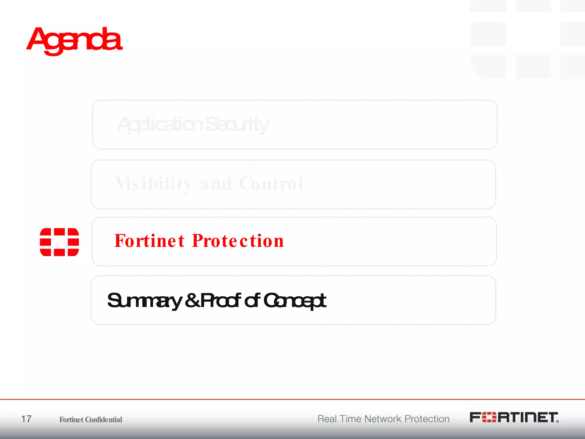 Agenda Application Security Fortinet Protection Visibility  and Control Summary & Proof of Concept 