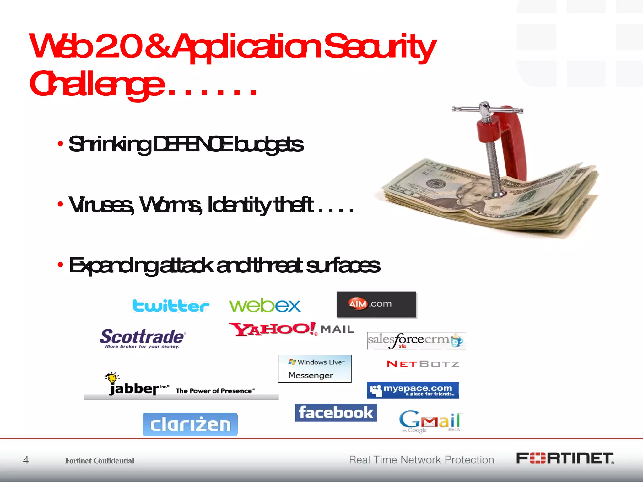 Web 2.0 & Application Security Challenge . . . . . .  Shrinking DEFENCE budgets Viruses, Worms, Identity theft . . . .  Expanding attack and threat surfaces  