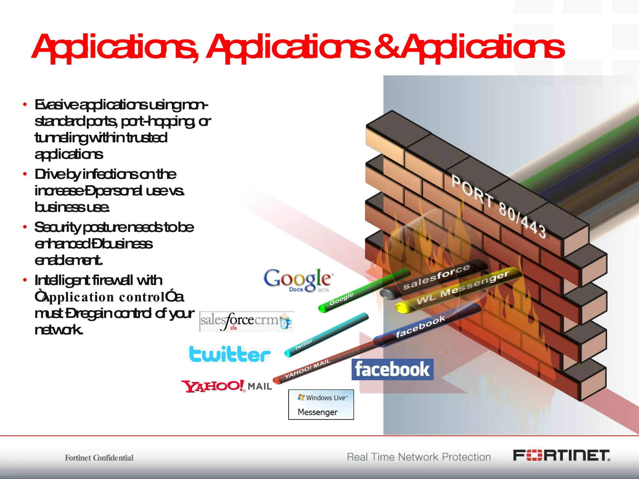 Applications, Applications & Applications Evasive applications using non-standard ports, port-hopping, or tunneling within trusted applications Drive by infections on the increase – personal use vs. business use. Security posture needs to be enhanced – business enablement. Intelligent firewall with “ Application control ” a must – regain control of your network. 