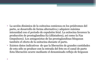 • La acción dinámica de la oxitocina comienza en los pródromos del
parto, se desarrollo de forma alternativa y adquiere máxima
intensidad con el periodo de expulsión fetal. La oxitocina favorece la
producción de prostaglandina E2 (dilatadora), así como la F2a
(impulsora). Los antagonistas de las prostaglandinas bloquean
también el efecto de la oxitocina durante el parto.
• Existen datos indicativos de que la liberación de grandes cantidades
de esta sólo se produce con la entrada del feto en el canal de parto
Esta liberación ocurre mediante el denominado reflejo de ferguson
•
 