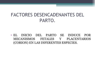 FACTORES DESENCADENANTES DEL
PARTO.
• EL INICIO DEL PARTO SE INDUCE POR
MECANISMOS FETALES Y PLACENTARIOS
(CORION) EN LAS DIFERENTES ESPECIES.
 