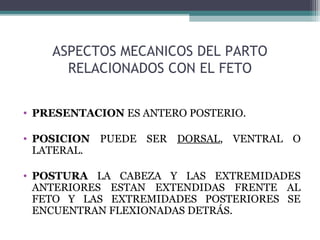 ASPECTOS MECANICOS DEL PARTO
RELACIONADOS CON EL FETO
• PRESENTACION ES ANTERO POSTERIO.
• POSICION PUEDE SER DORSAL, VENTRAL O
LATERAL.
• POSTURA LA CABEZA Y LAS EXTREMIDADES
ANTERIORES ESTAN EXTENDIDAS FRENTE AL
FETO Y LAS EXTREMIDADES POSTERIORES SE
ENCUENTRAN FLEXIONADAS DETRÁS.
 