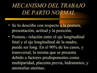 MECANISMO DEL TRABAJO DE PARTO NORMAL Se lo describe con respecto a la postura, presentación, actitud y la posición. Postura.- relación entre el eje longitudinal fetal y el eje longitudinal de la madre, puede ser long. En el 90% de los casos, y transversal, la misma que se presenta debido a factores predisponentes como multiparidad, placenta previa, hidramnios, y anomalías uterinas. 