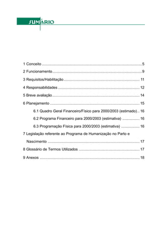 1 Conceito .......................................................................................5
2 Funcionamento..............................................................................9
3 Requisitos/Habilitação .................................................................. 11
4 Responsabilidades ....................................................................... 12
5 Breve avaliação............................................................................ 14
6 Planejamento .............................................................................. 15
6.1 Quadro Geral Financeiro/Físico para 2000/2003 (estimado).. 16
6.2 Programa Financeiro para 2000/2003 (estimativa) ............... 16
6.3 Programação Física para 2000/2003 (estimativa) ................ 16
7 Legislação referente ao Programa de Humanização no Parto e
Nascimento ................................................................................ 17
8 Glossário de Termos Utilizados ..................................................... 17
9 Anexos ....................................................................................... 18
 