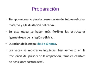 Preparación
• Tiempo necesario para la presentación del feto en el canal
materno y a la dilatación del cérvix.
• En esta etapa se hacen más flexibles las estructuras
ligamentosas de la región pélvica.
• Duración de la etapa: de 2 a 6 horas.
• Las vacas se mostraran inquietas, hay aumento en la
frecuencia del pulso y de la respiración, también cambios
de posición y postura fetal.
 