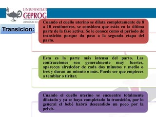 10
Transicion:
Cuando el cuello uterino se dilata completamente de 8
a 10 centímetros, se considera que estás en la última
parte de la fase activa. Se le conoce como el periodo de
transición porque da paso a la segunda etapa del
parto.
Esta es la parte más intensa del parto. Las
contracciones son generalmente muy fuertes,
aparecen alrededor de cada dos minutos y medio o
tres y duran un minuto o más. Puede ser que empieces
a temblar o tiritar.
Cuando el cuello uterino se encuentre totalmente
dilatado y ya se haya completado la transición, por lo
general el bebé habrá descendido un poco por la
pelvis.
 
