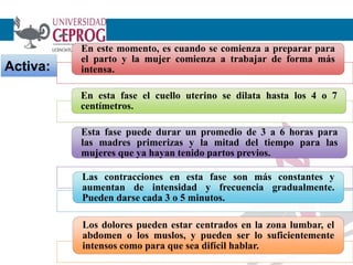 7
Activa:
En este momento, es cuando se comienza a preparar para
el parto y la mujer comienza a trabajar de forma más
intensa.
En esta fase el cuello uterino se dilata hasta los 4 o 7
centímetros.
Esta fase puede durar un promedio de 3 a 6 horas para
las madres primerizas y la mitad del tiempo para las
mujeres que ya hayan tenido partos previos.
Las contracciones en esta fase son más constantes y
aumentan de intensidad y frecuencia gradualmente.
Pueden darse cada 3 o 5 minutos.
Los dolores pueden estar centrados en la zona lumbar, el
abdomen o los muslos, y pueden ser lo suficientemente
intensos como para que sea difícil hablar.
 