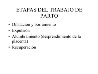 ETAPAS DEL TRABAJO DE PARTO Dilatación y borramiento Expulsión Alumbramiento (desprendimiento de la placenta) Recuperación 