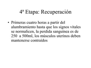 4ª Etapa: Recuperación Primeras cuatro horas a partir del alumbramiento hasta que los signos vitales se normalicen, la perdida sanguínea es de 250  a 500ml, los músculos uterinos deben mantenerse contraídos  