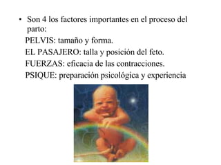 Son 4 los factores importantes en el proceso del parto:  PELVIS: tamaño y forma. EL PASAJERO: talla y posición del feto. FUERZAS: eficacia de las contracciones. PSIQUE: preparación psicológica y experiencia 