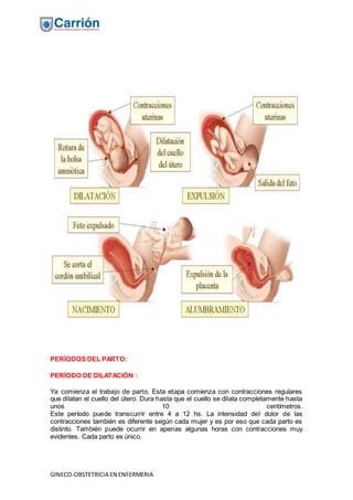 GINECO-OBSTETRICIA EN ENFERMERIA
PERÍODOS DEL PARTO: Período de dilatación
PERÍODO DE DILATACIÓN :
Ya comienza el trabajo de parto. Esta etapa comienza con contracciones regulares
que dilatan el cuello del útero. Dura hasta que el cuello se dilata completamente hasta
unos 10 centímetros.
Este período puede transcurrir entre 4 a 12 hs. La intensidad del dolor de las
contracciones también es diferente según cada mujer y es por eso que cada parto es
distinto. También puede ocurrir en apenas algunas horas con contracciones muy
evidentes. Cada parto es único.
 