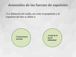 • La dilatación del cuello, así como la propulsión y la
expulsión del feto se deben a:
Contracciones
uterinas
Acción de la
pared
abdominal
 