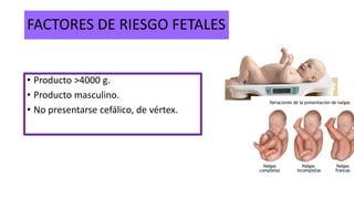 FACTORES DE RIESGO FETALES
• Producto >4000 g.
• Producto masculino.
• No presentarse cefálico, de vértex.
 