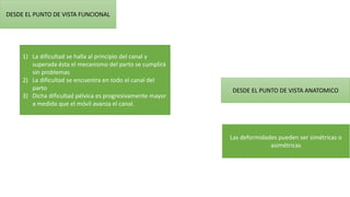 DESDE EL PUNTO DE VISTA FUNCIONAL
1) La dificultad se halla al principio del canal y
superada ésta el mecanismo del parto se cumplirá
sin problemas
2) La dificultad se encuentra en todo el canal del
parto
3) Dicha dificultad pélvica es progresivamente mayor
a medida que el móvil avanza el canal.
DESDE EL PUNTO DE VISTA ANATOMICO
Las deformidades pueden ser simétricas o
asimétricas
 
