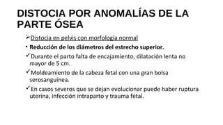 DISTOCIA POR ANOMALÍAS DE LA
PARTE ÓSEA
Distocia en pelvis con morfología normal
• Reducción de los diámetros del estrecho superior.
Durante el parto falta de encajamiento, dilatación lenta no
mayor de 5 cm.
Moldeamiento de la cabeza fetal con una gran bolsa
serosanguínea.
En casos severos que se dejan evolucionar puede haber ruptura
uterina, infección intraparto y trauma fetal.
 