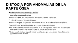 DISTOCIA POR ANOMALÍAS DE LA
PARTE ÓSEA
Distocia en pelvis con morfología anormal
• Anomalías propias de la pelvis.
Pelvis de Robert, por osteoatritis de ambas articulaciones sacroilíacas.
 Pelvis de Litzmann, ausencia del sacro.
Pelvis de Naegele, por procesos inflamatorios de una de las articulaciones sacroilíacas.
Generalmente, la deformidad es severa y el parto vaginal imposible.
Las fracturas bilaterales de la pelvis a nivel de las ramas púbicas son las más frecuentes de
este grupo y la causa más común son los accidentes automovilísticos.
Después de la fractura se puede formar un callo óseo que compromete el canal del parto
y puede ocasionar distocia.
 