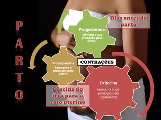 Lactação
                 Progesterona
                  (diminui a sua
                  produção pelo
                      útero)




Prostaglandina   CONTRAÇÕES
 (aumenta a
produção pelo
    útero)


                              Oxitocina
                            (aumenta a sua
                             produção pelo
                              hipotálamo)




                                             IL 2011
 