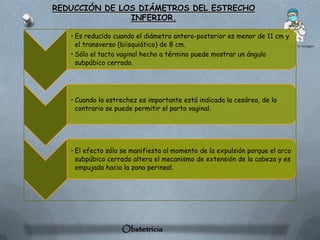 REDUCCIÓN DE LOS DIÁMETROS DEL ESTRECHO
               INFERIOR.

   • Es reducido cuando el diámetro antero-posterior es menor de 11 cm y
     el transverso (biisquiático) de 8 cm.
   • Sólo el tacto vaginal hecho a término puede mostrar un ángulo
     subpúbico cerrado.




   • Cuando la estrechez es importante está indicada la cesárea, de lo
     contrario se puede permitir el parto vaginal.




   • El efecto sólo se manifiesta al momento de la expulsión porque el arco
     subpúbico cerrado altera el mecanismo de extensión de la cabeza y es
     empujada hacia la zona perineal.




                   Obstetricia
 