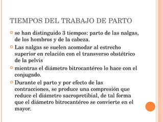TIEMPOS DEL TRABAJO DE PARTO se han distinguido 3 tiempos: parto de las nalgas, de los hombros y de la cabeza. Las nalgas se suelen acomodar al estrecho superior en relación con el transverso obstétrico de la pelvis mientras el diámetro bitrocantéreo lo hace con el conjugado.  Durante el parto y por efecto de las contracciones, se produce una compresión que reduce el diámetro sacropretibial, de tal forma que el diámetro bitrocantéreo se convierte en el mayor.  