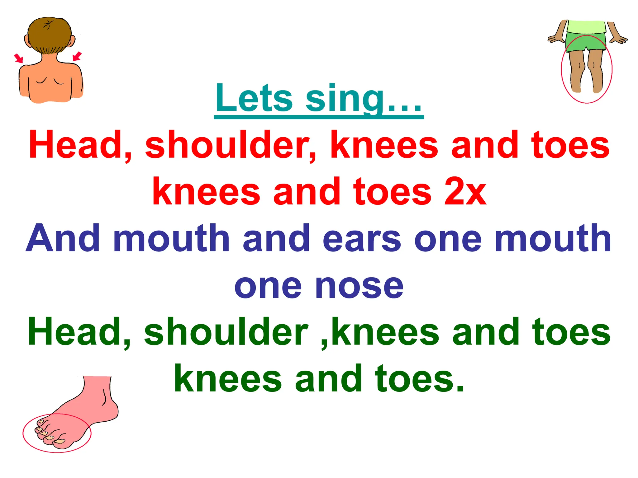 Lets sing…
Head, shoulder, knees and toes
knees and toes 2x
And mouth and ears one mouth
one nose
Head, shoulder ,knees and toes
knees and toes.