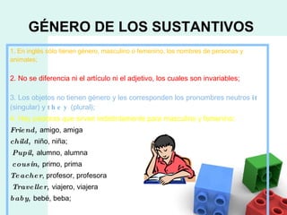 GÉNERO DE LOS SUSTANTIVOS 1. En inglés sólo tienen género, masculino o femenino, los nombres de personas y animales; 2. No se diferencia ni el artículo ni el adjetivo, los cuales son invariables; 3. Los objetos no tienen género y les corresponden los pronombres neutros  it  (singular) y  they  (plural); 4. Hay palabras que sirven indistintamente para masculino y femenino: Friend ,  amigo, amiga child ,  niño, niña;   Pupil ,  alumno, alumna   cousin ,  primo, prima Teacher , profesor, profesora   Traveller ,  viajero, viajera baby ,  bebé, beba;     